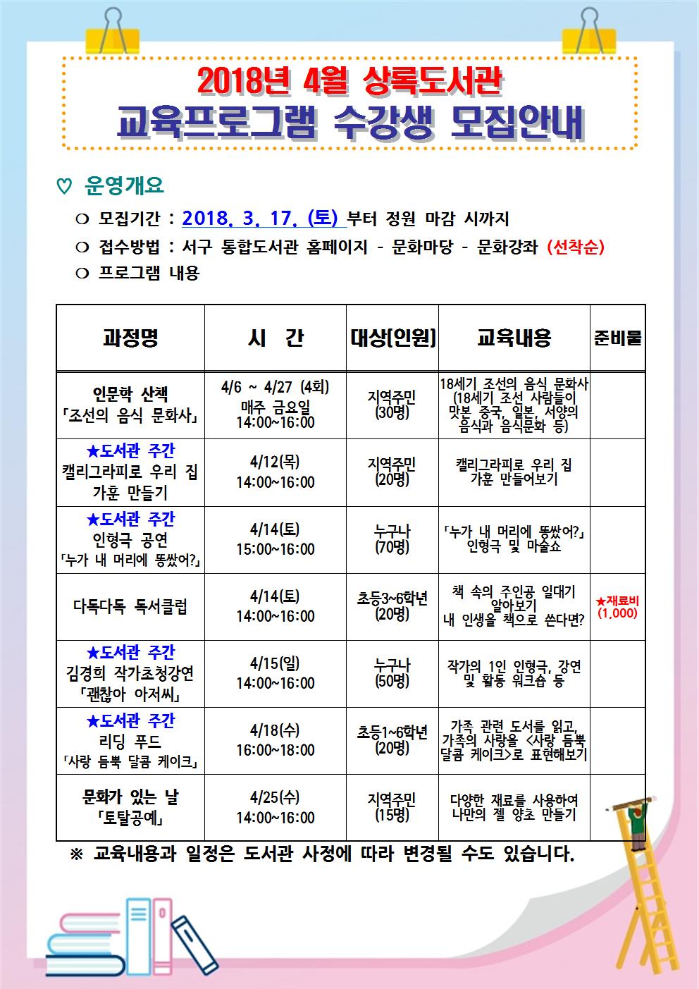 상록도서관 4월 교육프로그램 수강생 모집 안내